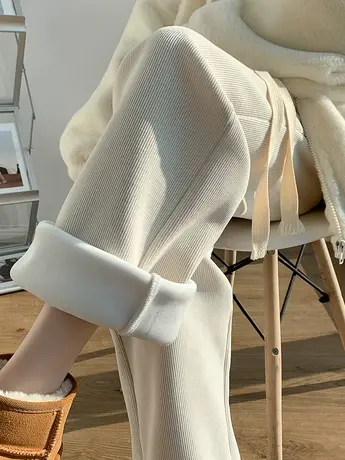 雪尼尔阔腿裤女秋冬季垂感直筒针织裤加绒白色休闲灯芯绒裤子春秋图片