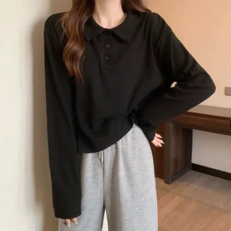 翻领长袖POLO衫T恤女2024春季新款显瘦百搭小个子短款内搭打底衫商品大图