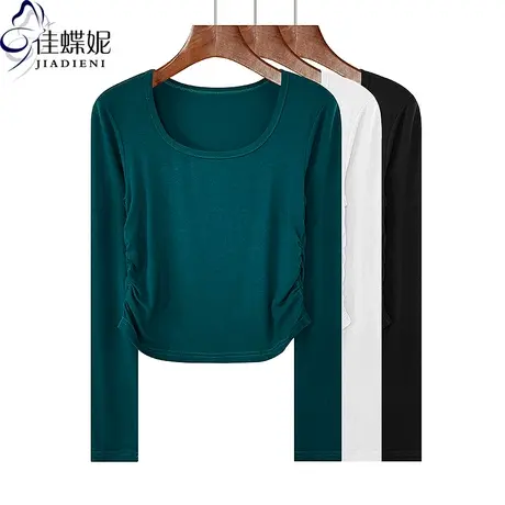 春秋新款U领修身显瘦纯欲短款纯棉纯色褶皱长袖体恤上衣女打底衫图片