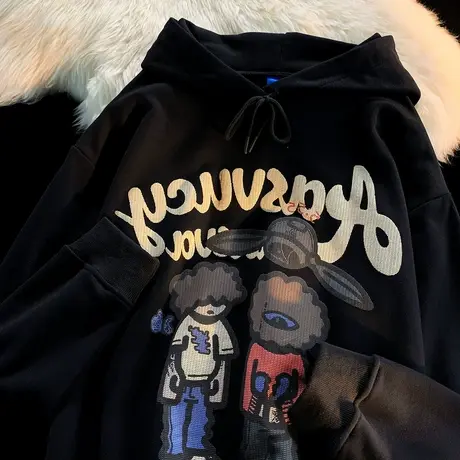 微胖大码卡通黑色连帽卫衣女秋ins潮牌oversize加绒宽松外套上衣商品大图