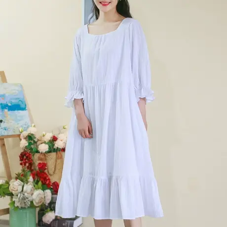 胖妹妹2025棉质方领宽松连衣裙大码五分袖清新长裙商品大图