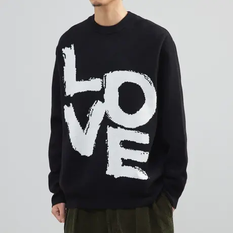 黑色圆领毛衣男2022秋冬新款潮流线衣加厚针织衫打底韩版字母毛衫图片