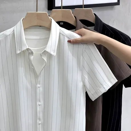 夏季男士短袖衬衫韩版潮流帅气条纹衬衣夏装休闲冰丝坠感寸衫上衣商品大图