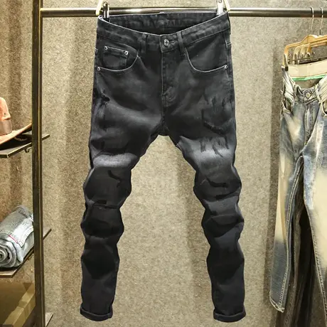 秋季男装黑色牛仔裤男款修身小脚弹力裤子男潮牌破洞手工针缝长裤商品大图