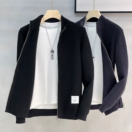 拉链针织开衫外套秋冬季厚款肌理感中领休闲毛衫半高领毛衣男图片