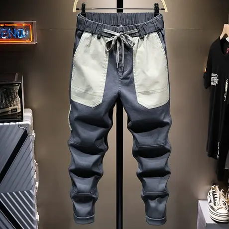 夏季薄款潮牌工装休闲裤男直筒拼接百搭男士宽松松紧腰系带长裤子商品大图