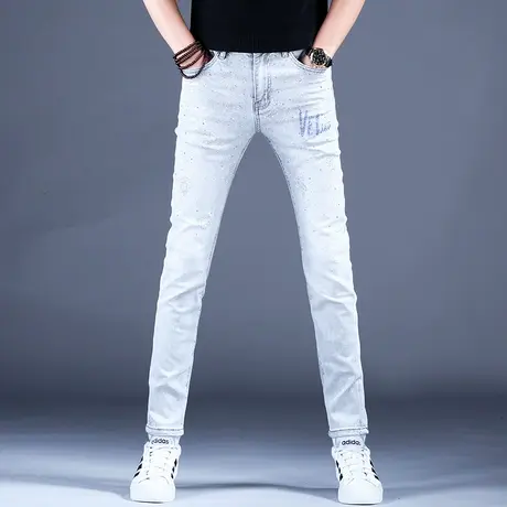 2023新款奢侈品牌烫钻花牛仔裤男款灰色修身小脚裤子男士灰色休闲商品大图