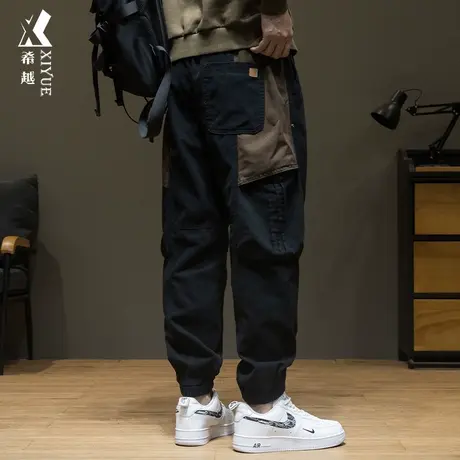 希越拼接撞色工装裤男春秋束脚休闲裤宽松大码男款痞帅九分裤子潮商品大图