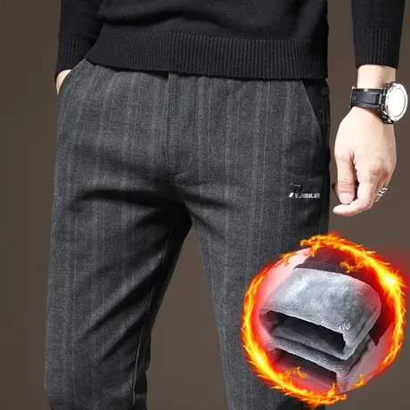 秋冬款冬季条纹西装男裤男士加绒裤子加厚休闲裤保暖外穿毛呢西裤商品大图