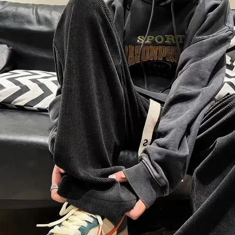 灯芯绒裤子男冰丝潮牌垂感直筒宽松阔腿裤复古休闲秋季新款运动裤商品大图