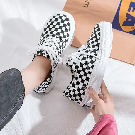 帆布鞋女2021年新款夏季薄款小众设计原创格子ins潮百搭韩版板鞋商品大图