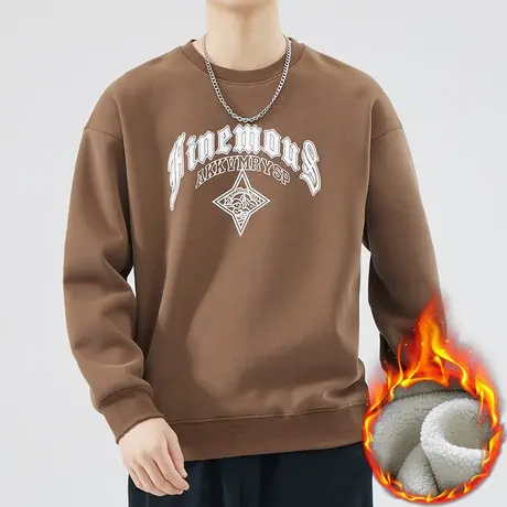 2023新款潮牌印花加绒加厚长袖上衣服秋冬季男生保暖内搭圆领卫衣商品大图