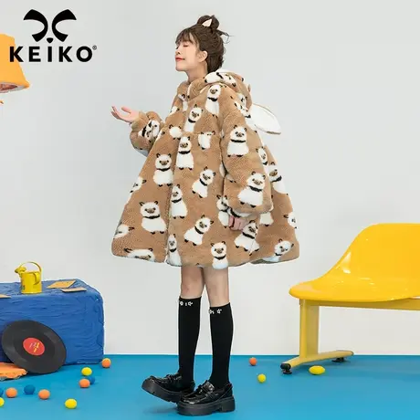 可爱羊驼提花羊羔毛大衣女2023冬季夹棉加厚毛毛绒连帽外套棉服商品大图