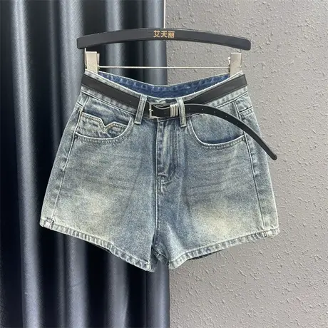 欧货原创牛仔短裤女24春夏新款重工磨白高腰显高显腿长阔腿裤热裤商品大图