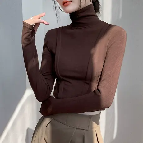 高领磨毛手套袖T恤女2023秋冬新款设计感小众修身修身减龄打底衫商品大图