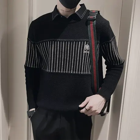 假两件拼接牛仔领毛衣男冬季2023新款个性休闲加厚条纹打底针织衫商品大图