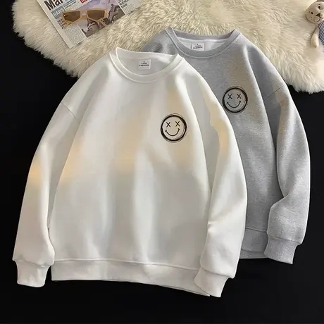 圆领卫衣男2024新款春秋季笑脸印花无帽上衣宽松潮流长袖内搭打底商品大图