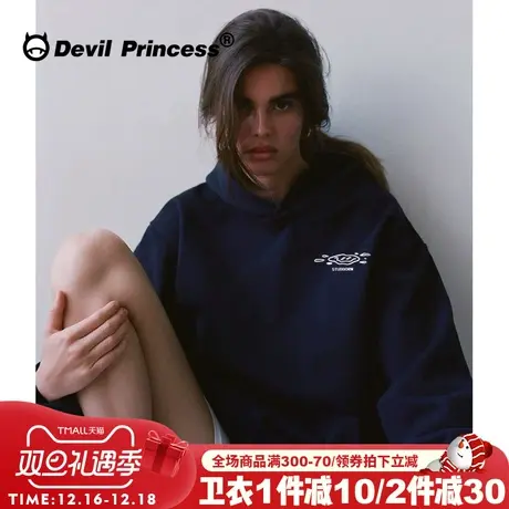 美式小众潮牌藏蓝色连帽卫衣女2024新款高级感百搭加绒款套头上衣商品大图