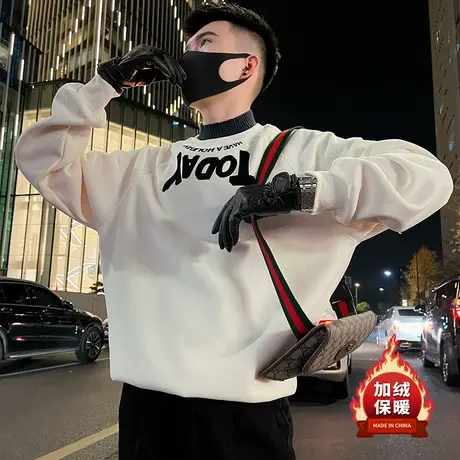 加绒卫衣男冬季2023宽松重磅加厚潮牌假两件半高领字母内搭上衣商品大图