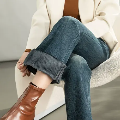 高腰加绒微喇牛仔裤女2024新款冬季加厚裤子秋冬直筒烟管裤喇叭裤商品大图