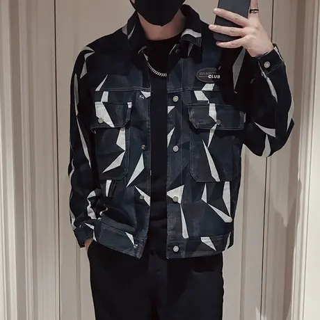 韩版痞帅牛仔外套男春秋季复古潮牌迷彩秋装上衣工装夹克2023新款商品大图