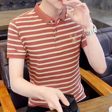 条纹男士短袖t恤夏季有带领纯棉韩版半袖polo衫休闲男装上衣服潮商品大图