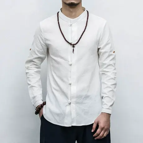 秋季亚麻衬衫男中国风男装复古棉麻盘扣上衣长袖休闲青年唐装衬衣图片