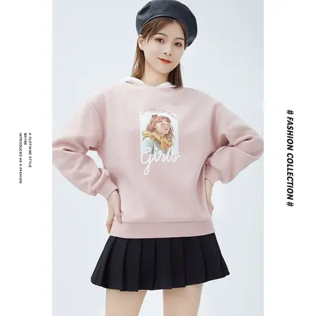 【商场同款】唐狮春季新款卫衣女可爱少女前胸照片图案连帽上衣图片