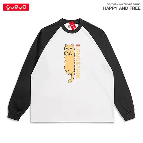 悦游 细长猫条 橘猫暹罗瘦高日系拼色长袖T恤男原创卡通纯棉图片