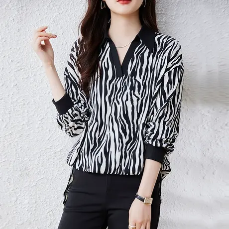 休闲衬衫女春秋新款大码女装上衣宽松中长款洋气豹纹显瘦长袖衬衣图片