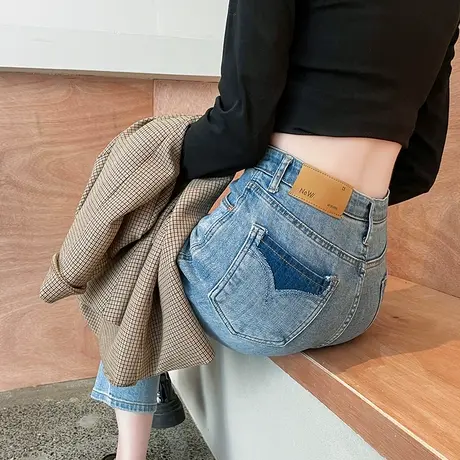 直筒牛仔裤女2024春秋加绒高腰宽松显瘦八分九分小个子烟管法棍裤图片