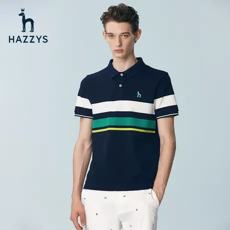 Hazzys哈吉斯奥莱夏季新品男士短袖T恤衫时尚条纹polo男潮流上衣商品大图