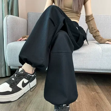 黑色工装裤女春夏2024新款高腰显瘦宽松束脚阔腿运动休闲直筒裤子图片