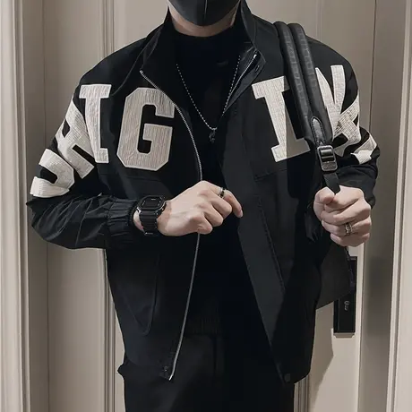 工装夹克男春季2024新款潮牌宽松痞帅刺绣字母高级感休闲立领外套图片