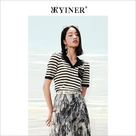 YINER音儿女装2022夏季翻领薄款上衣短袖条纹毛针织衫女商品大图