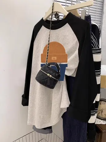 韩版大码bf慵懒风纯棉打底衫春闺蜜装长袖T恤女ins潮减龄洋气上衣商品大图