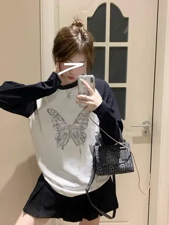 纯棉长袖t恤女秋季小众设计感插肩袖拼色宽松韩版打底衫上衣ins潮商品大图