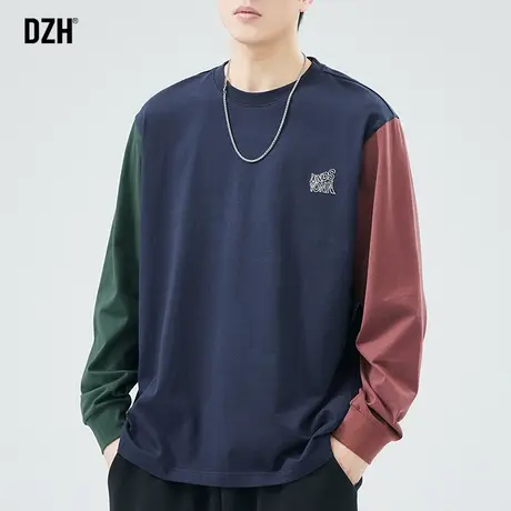 男士拼色长袖t恤男潮牌纯棉2024新款春季复古上衣宽松打底衫卫衣商品大图