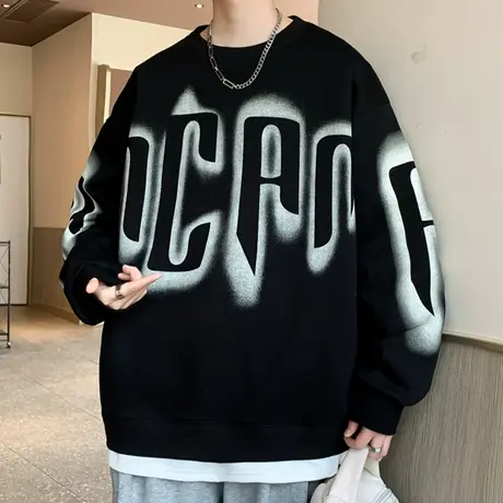 圆领卫衣男春秋款美式高街t长袖恤男生潮牌字母印花假两件打底衫图片