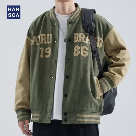 hansca麂皮绒棒球服外套男秋季新款潮牌痞帅高级感宽松飞行员夹克商品大图