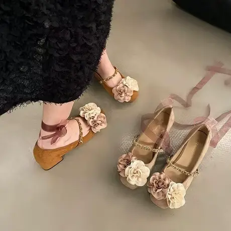 法式粗跟设计感仙女单鞋女鞋子2024新款春季温柔复古玛丽珍晚晚鞋商品大图