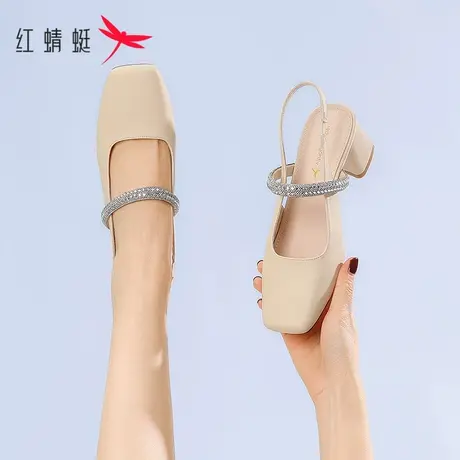 红蜻蜓凉鞋女2023年夏季新款包头粗跟软底方头凉鞋一字钻带高跟鞋图片