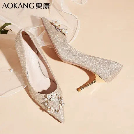 奥康水晶高跟鞋婚鞋法式女2023年新款主婚纱新娘鞋金色秀禾两穿商品大图