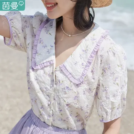 茵曼短袖衬衫2024年夏季新款碎花衬衣夏天女款上衣减龄漂亮小衫图片