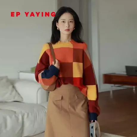 [唐嫣同款]EP雅莹女装 美拉德羊毛羊绒撞色毛衣 2023秋冬9518A图片