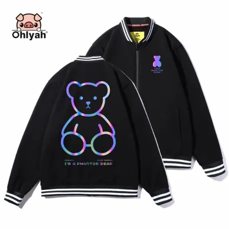 棒球服女2023新款秋冬加绒加厚外套黑色小熊反光网红短款上衣学生商品大图