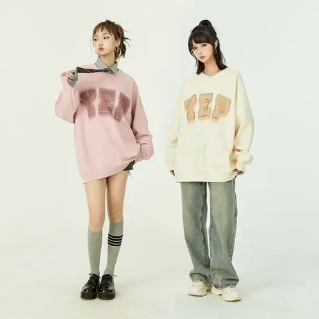 YEP粉色圆领卫衣女2023新款春秋薄款复古宽松ins字母印花烫钻上衣商品大图