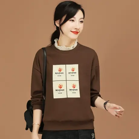 韩潮袭人假两件蕾丝立领印花加绒卫衣女2023冬季新款加厚长袖绒衫商品大图