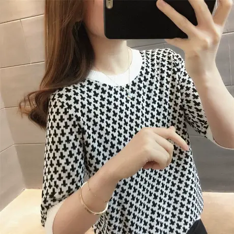 格子上衣短袖2023夏季新款韩版休闲时尚T恤针织短袖显瘦宽松简约商品大图