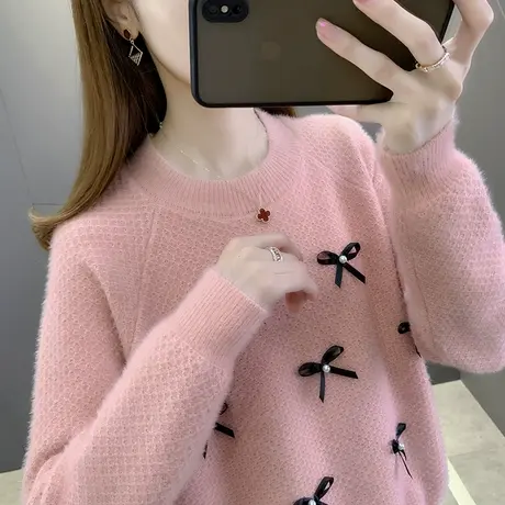 2023秋冬新款女士短款仿水貂绒打底毛衣女洋气针织衫宽松外穿上衣图片